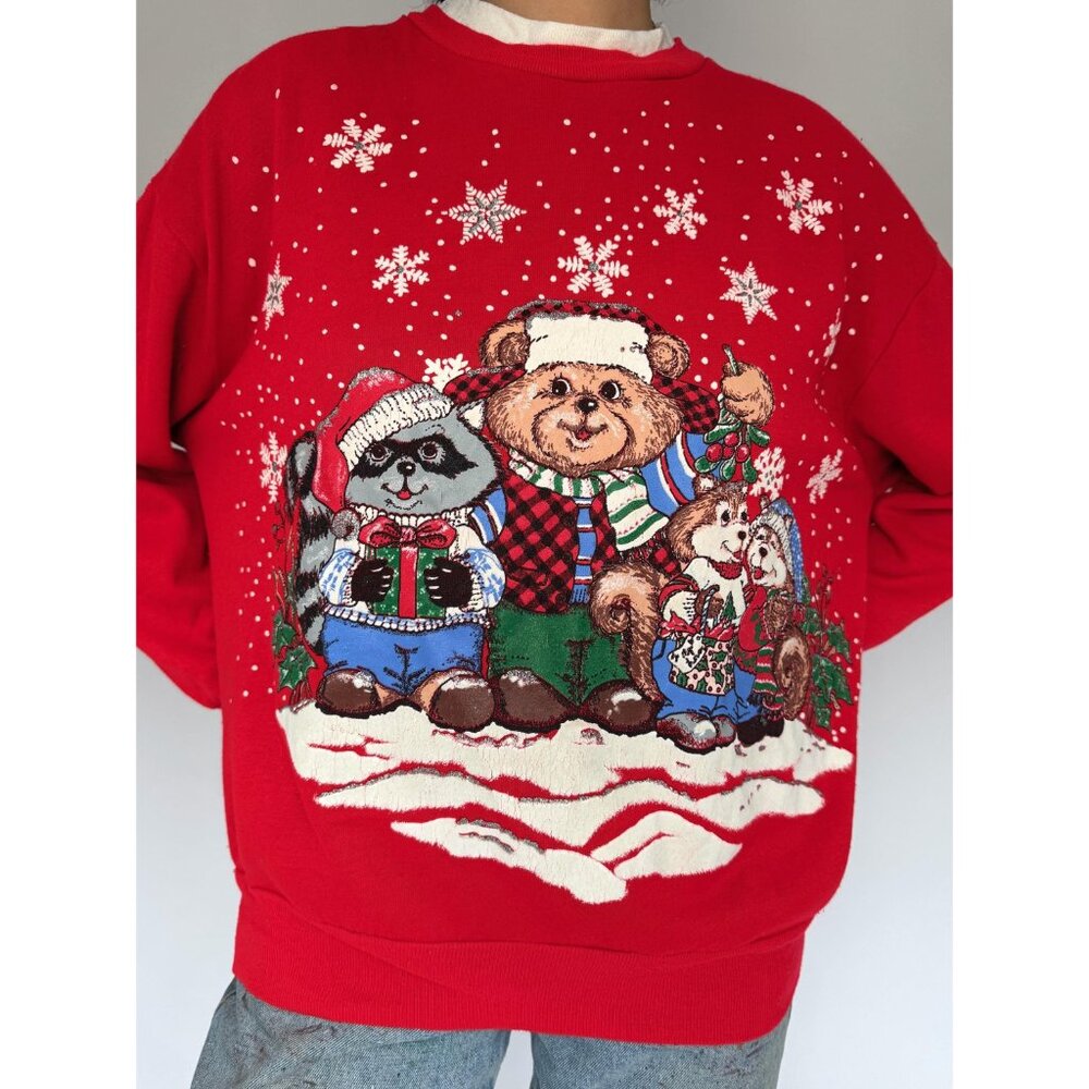 90s vintage red christmas festive holiday animal graphic pullover sweatshirt - Picture 7 of 8